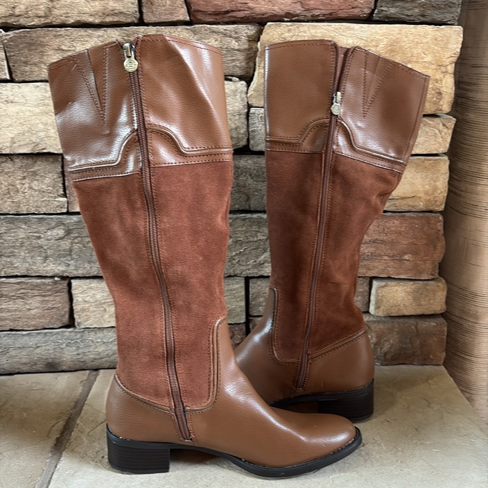 Etienne Aigner Brown Leather & Suede Knee-High Heeled Boots - Picture 10 of 15